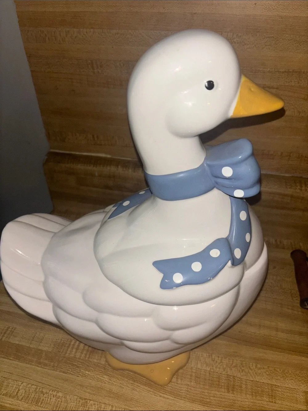 Vintage White Ceramic Duck Cookie Jar with Blue Polka Dot Bow